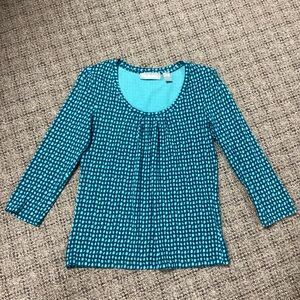 Liz Claiborne Teal Blue Navy Polka Dot 3/4 Sleeve Knit Top * Size Small